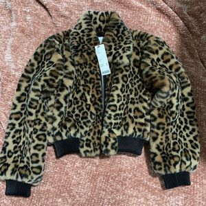NWT Leopard Faux Fur Cropped Bomber Jacket UO